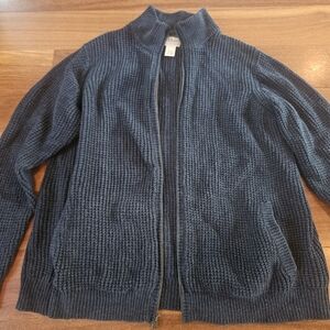LL Bean Organic Cotton Full Zip Sweater Mens XL Cardigan Pockets Dark Teal Blue